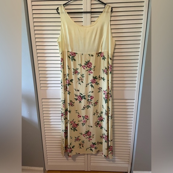 Vintage Maxi Satin Floral Dress Empire Waist Size XL Light Yellow Pink Green - Picture 9 of 15
